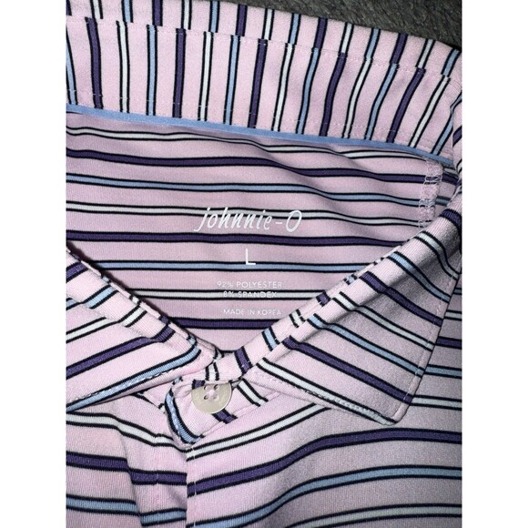 Johnnie O Polo Shirt Men’s Large Short Sleeve Pink White Purple Striped Golf - Picture 3 of 6